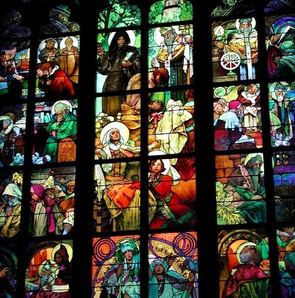 Photo of Alfons Mucha stained glass window in St Vitus Cathedral, Prague
