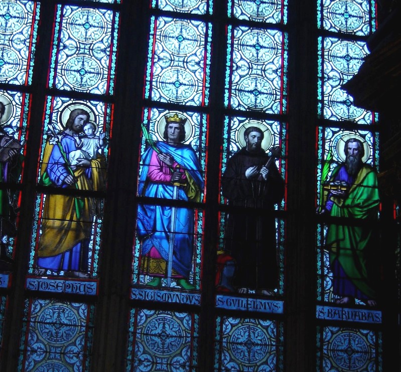 Photo of stained glass window, St Vitus Cathedral, Prague