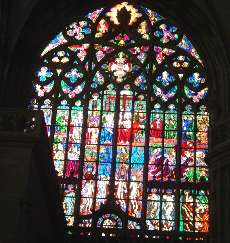 Photo of stained glass window, St Vitus Cathedral, Prague